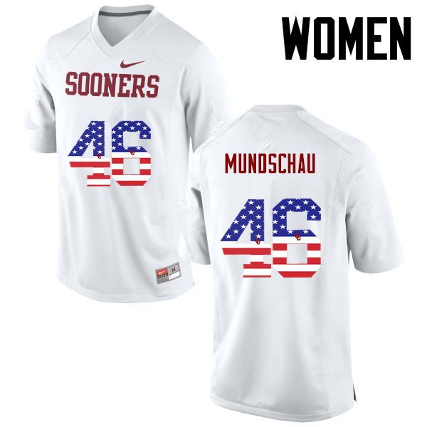 Women Oklahoma Sooners #46 Reeves Mundschau College Football USA Flag Fashion Jerseys-White - Click Image to Close